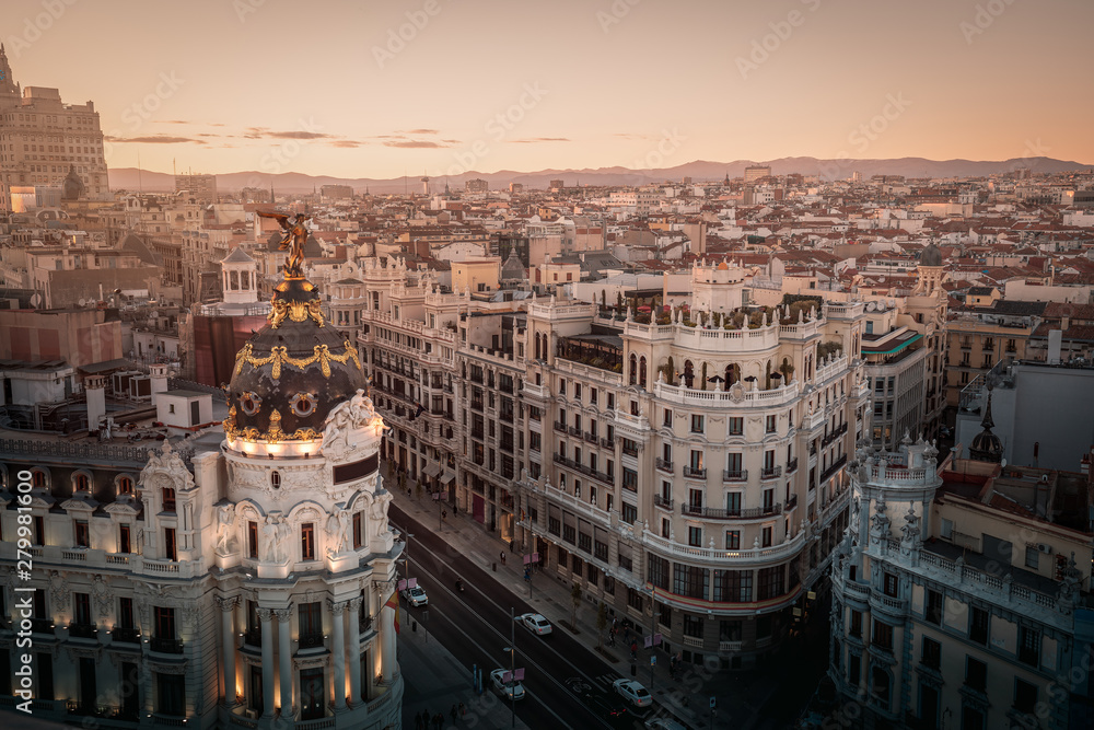 Aerial view of Gran Via Street - Madrid, Spain