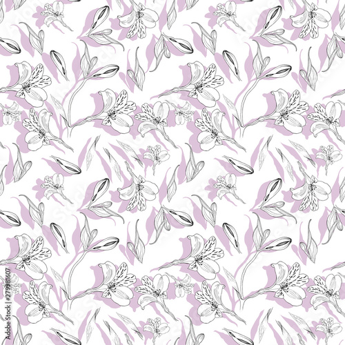 Seamless floral pattern. Pattern with ink graphics flowers on white background with purple shades. Alstroemeria. Seamless pattern with hand drawn plants. Herbal Botanical illustration.