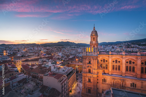 Aerial view of Malaga city and Cathedral at sunset - Malaga, Andalusia, Spain