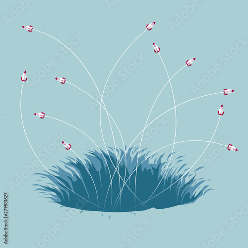 The rocket was launched from the trap. Isolated on blue background.