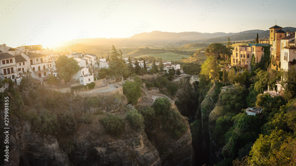 Aerial view of Tajo Gorge at sunrise - Ronda, Malaga Province, Andalusia, Spain