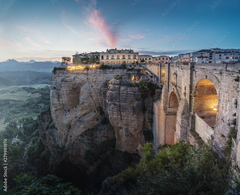 Aerial view of Tajo Gorge and Ronda Puente Nuevo Bridge at sunset - Ronda, Malaga Province, Andalusia, Spain