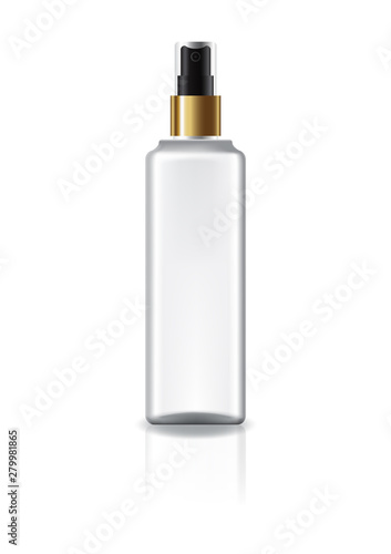 White square cosmetic bottle with spray head and gold ring for beauty or healthy product. Isolated on white background with reflection shadow. Ready to use for package design. Vector illustration.