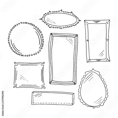 Doodle frames set. Collection of simple hand drawn black doodle frames and mirrors. Isolated on white background. Vector illustration.