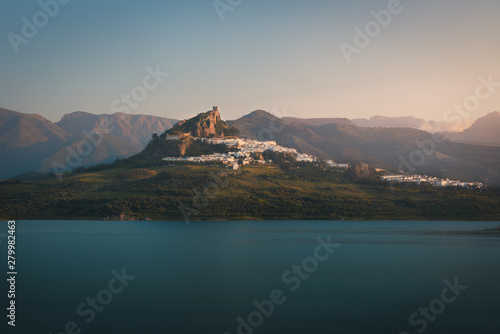 Zahara de la Sierra city skyline at sunset - Zahara de la Sierra, Cadiz Province, Andalusia, Spain