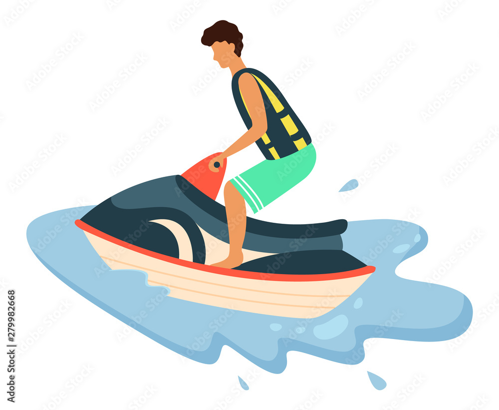 Young man in life vest riding water scooter. Boy in green shorts and personal watercraft. Extreme summer activity, seaside leisure, beach and recreation vector