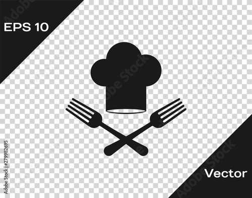 Grey Chef hat and crossed fork icon isolated on transparent back