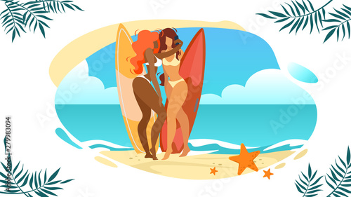 Girls in Bikini Making Selfie with Surfer Boards