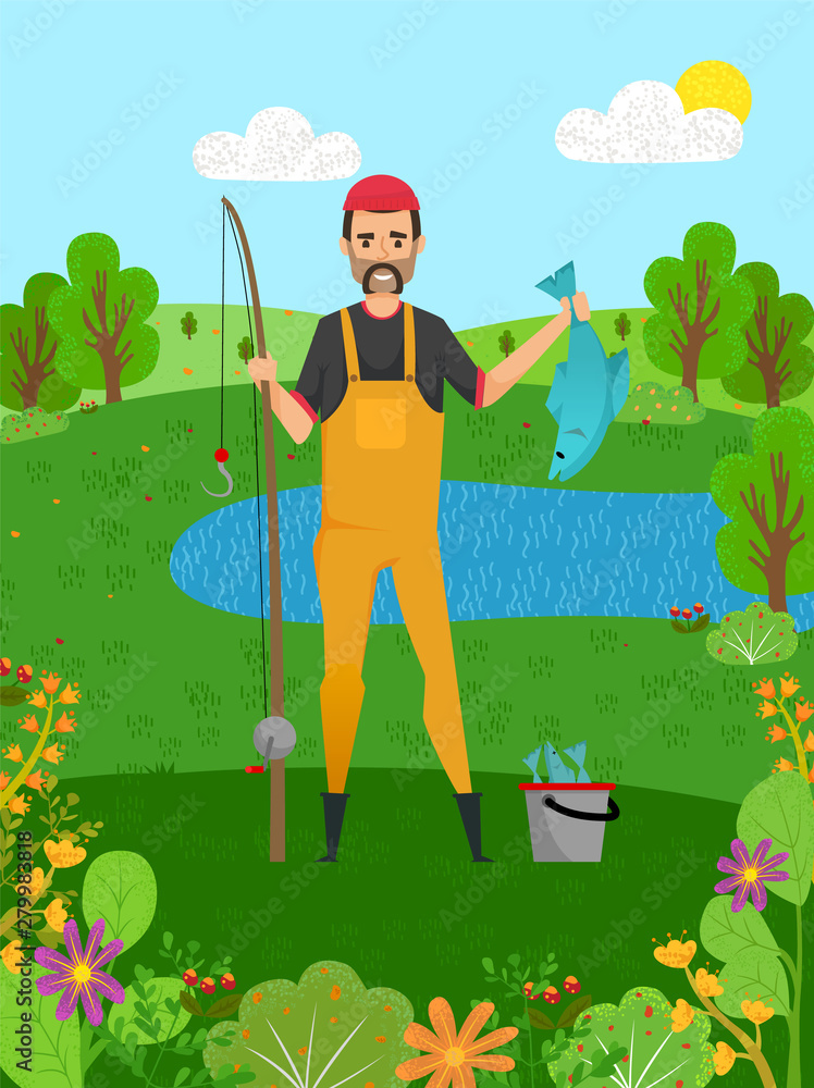 Portrait view of fisherman holding fish-rod and pike, green landscape. Smiling man standing near pond, flowers, bushes and trees, fishing hobby vector Portrait view of fisherman holding fish-rod and pike, green landscape. Smiling man standing near pond, flowers, bushes and trees, fishing hobby vector