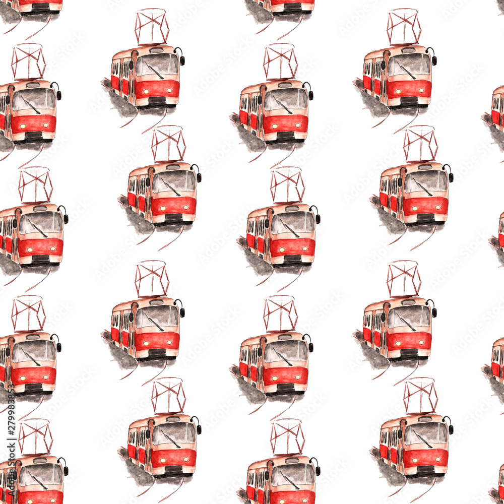 Watercolor illustration of a red tram pattern on a white background Watercolor illustration of a red tram pattern on a white background