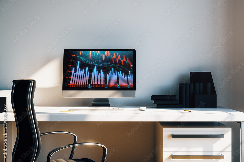 Cabinet desktop interior with financial charts and graphs on computer screen. Concept of stock market analysis and trading. 3d rendering. Cabinet desktop interior with financial charts and graphs on computer screen. Concept of stock market analysis and trading. 3d rendering.