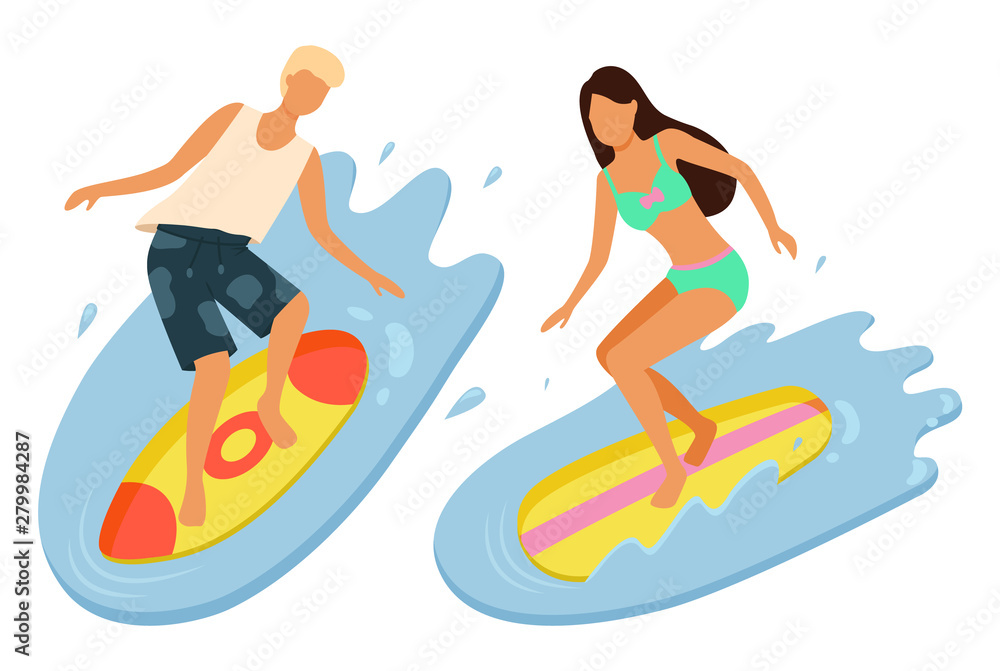 Beach activities, man and woman on surfboards isolated. Vector surfers on boards, sea or ocean water splashes. Summer fun, windsurfing sport recreation