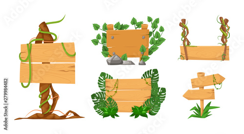 Set of wooden banners with liana branches and rainforest tropical leaves