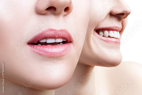 Collage of perfect female teeth closeup with text space.