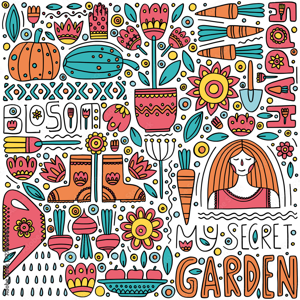 Doodle garden set. Hand drawn vector illustration.