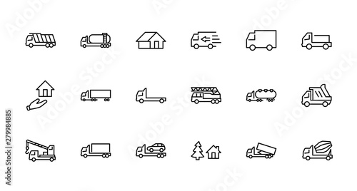 Truck Set of Transport Vector Line Icons. Contains such Icons as Truck, Transportation, Tow Truck, Cranes, Mixer, Garbage Truck, Manipulators, Delivery service and more. Editable Stroke. 32x32 Pixel