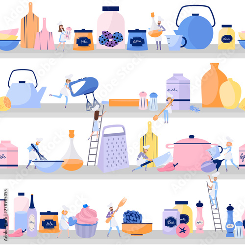 Seamless pattern with Tiny Characters cook on the huge shelve with jars, dishes, pans, food and spices. Food Preparing Process. Recipe illustration. Editable vector illustration