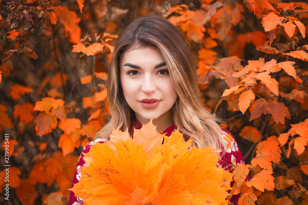 Beautiful girl with a bouquet of yellow leaves posing against the background of an autumn bush