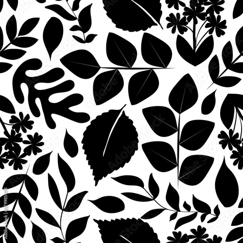 Botanical black and white seamless pattern with leaves, vector