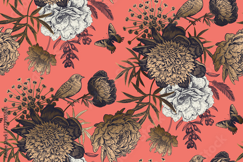 Garden flowers peonies on a coral background. Luxury seamless pattern.