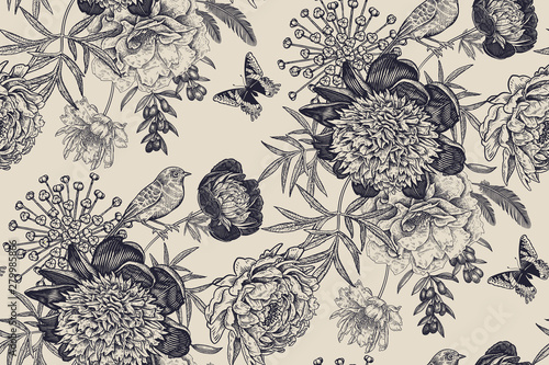 Floral seamless pattern with garden flowers peonies, bird and butterflies Poster Mural XXL
