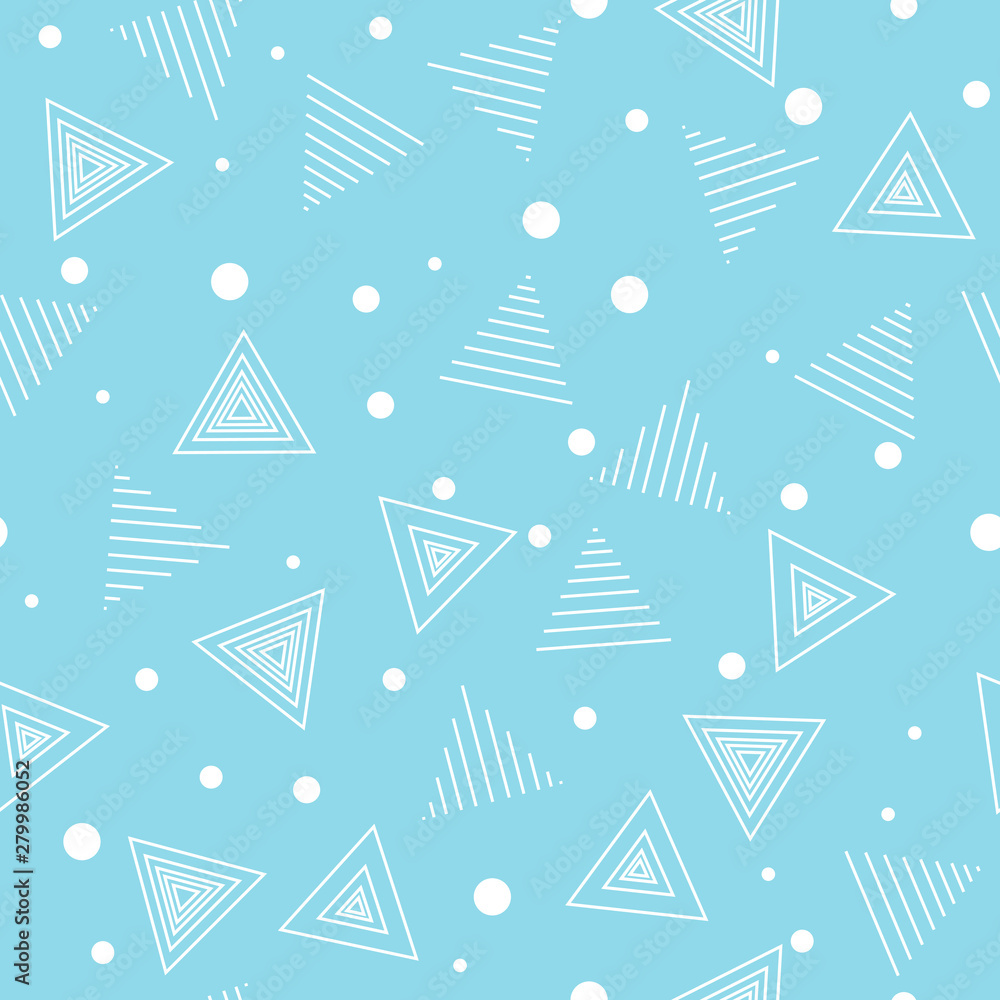 Geometric pattern. Chaotic. Triangles and points. Seamless background. Light blue and white