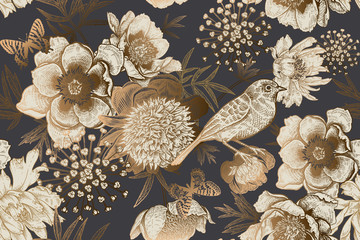 Stickers Vintage bloemen patronen Luxe vintage pioenen met vlinders  © marinavorona