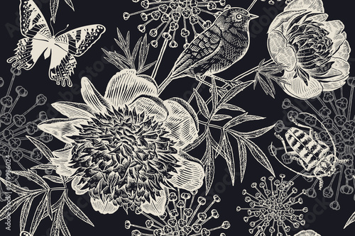  Black and white floral seamless background. Peonies, bird, beetle and butterflies. Vintage.
