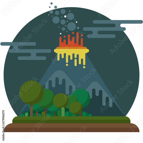An active volcano and two extinct. Beautiful green forest in the foreground. White round frame. Setting sun. Smoke and ash fly out of a volcano ven