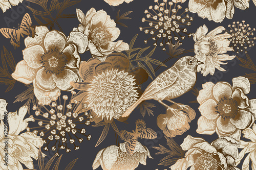 Vintage seamless luxury pattern with peonies, bird and butterflies.