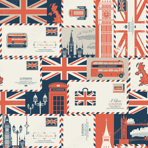 Vector seamless pattern on UK and London theme with envelopes, British symbols, architectural landmarks and flag of the United Kingdom in retro style. Suitable for wallpaper, wrapping paper, fabric