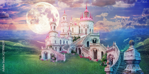 Fényképezés fantastic landscape with beautiful old castle and moon
