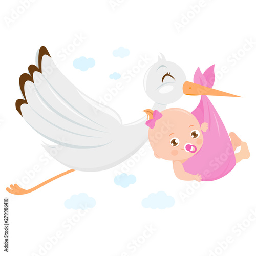 A stork flying in the sky and delivering a cute newborn baby girl. Vector illustration