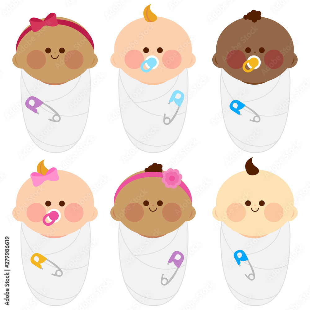 Diverse group of newborn babies wrapped in cloth. Vector illustration