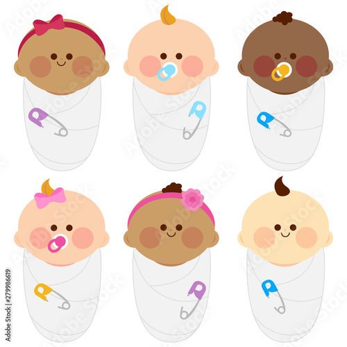 Diverse group of newborn babies wrapped in cloth. Vector illustration