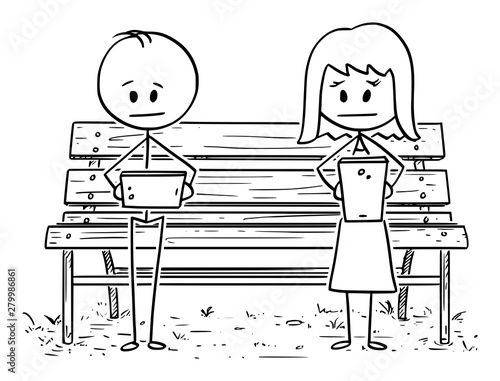 Vector cartoon stick figure drawing conceptual illustration of couple of man and woman sitting on park bench, both using social media on mobile phone and ignoring each other.