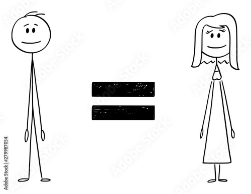 Vector cartoon stick figure drawing conceptual illustration of man and woman and equal sign between them. Concept of gender equality.