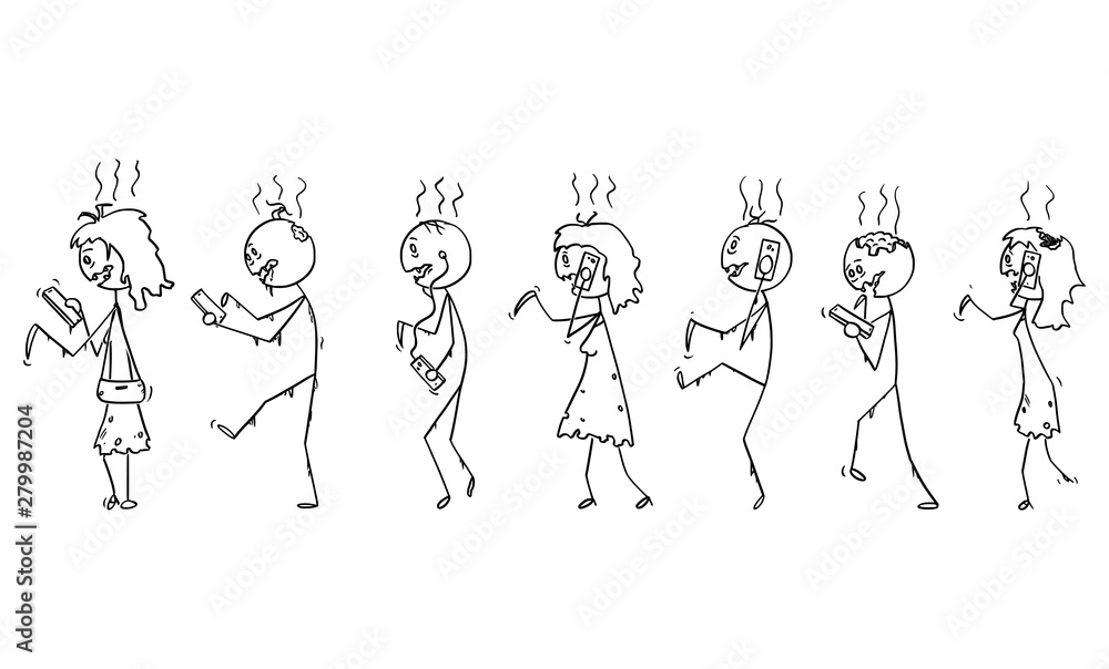 Vector cartoon stick figure drawing conceptual illustration of set of  addicted zombies or dead people walking on the street and using mobile  phones or cell phones. Stock Vector | Adobe Stock