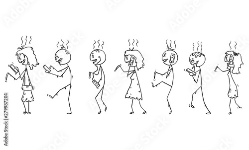 Vector cartoon stick figure drawing conceptual illustration of set of addicted zombies or dead people walking on the street and using mobile phones or cell phones.