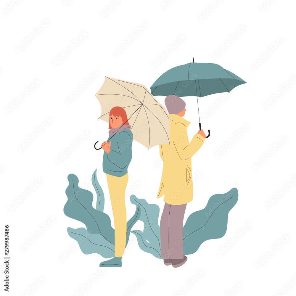 Man and woman are standing backs to each other. Couple had argument.  Isolated on white background. Flat style cartoon stock vector