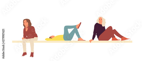 Three young girl characters in casual outfit sitting and lying down on bench or wall. Isolated on white. Flat style colorful cartoon stock vector