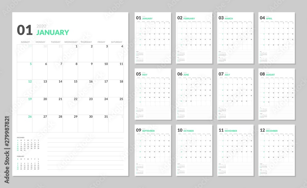 Calendar for 2020 year in clean minimal table simple style. Week Starts on Sunday. Set of 12 Months. Calendar for 2020 year in clean minimal table simple style. Week Starts on Sunday. Set of 12 Months.