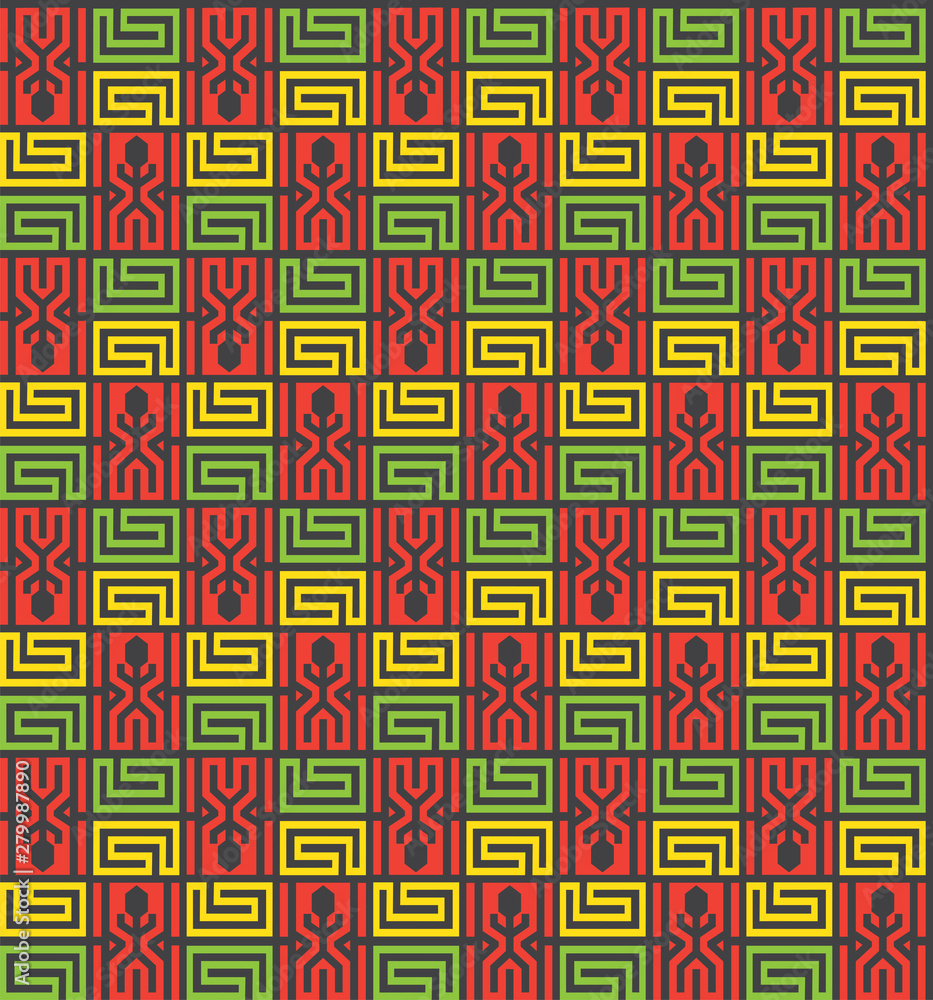 Stylized African ethnic pattern with silhouettes of people and geometric shapes in bright colors. Vector seamless.