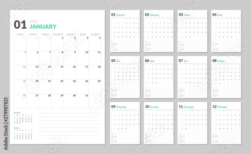 Calendar for 2020 year in clean minimal table simple style. Week Starts on Sunday. Set of 12 Months.