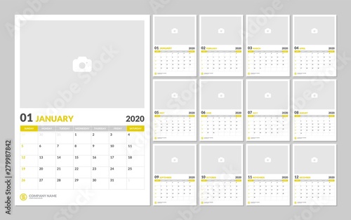 Calendar for 2020 year in clean minimal table simple style with Place for Photo. Week Starts on Sunday. Set of 12 Months.
