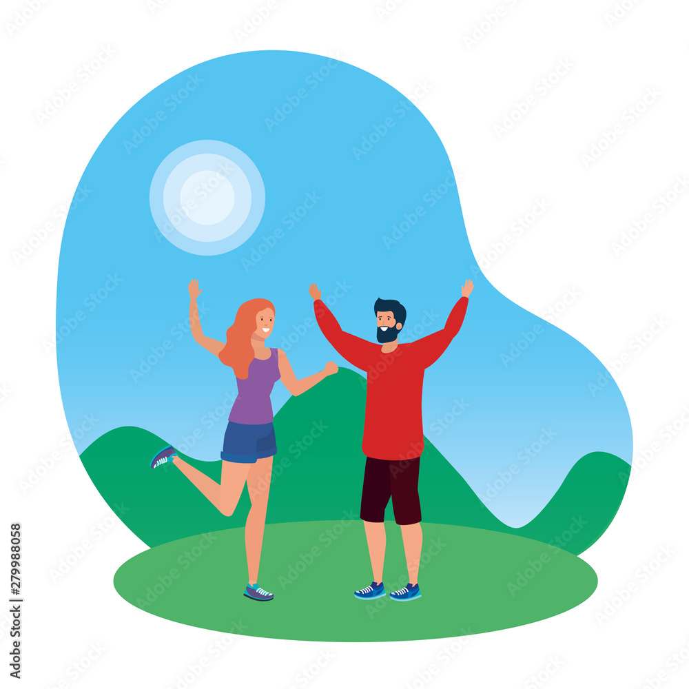 young lovers couple celebrating in the park