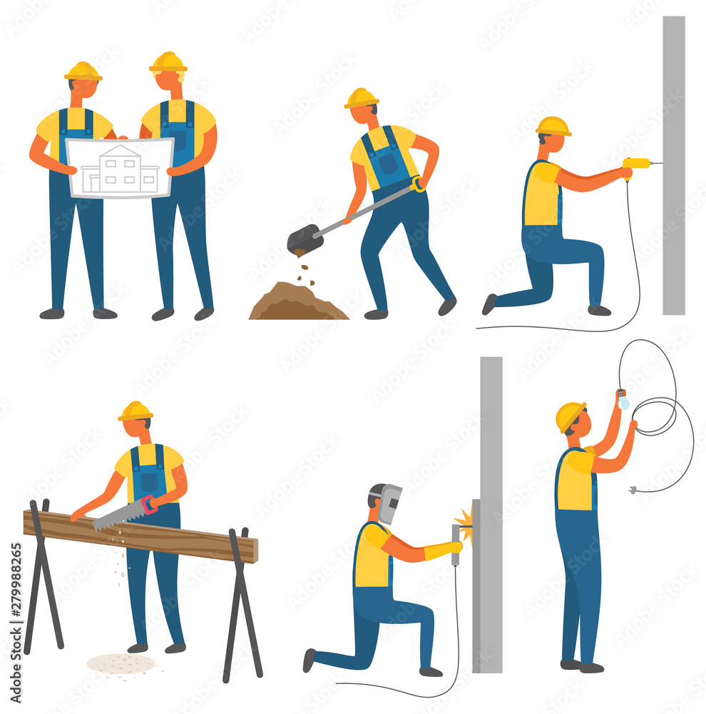 Workers and tools, building or construction works vector. House draft or scheme, digging soil and drilling wall, saw and log, folding measure tape