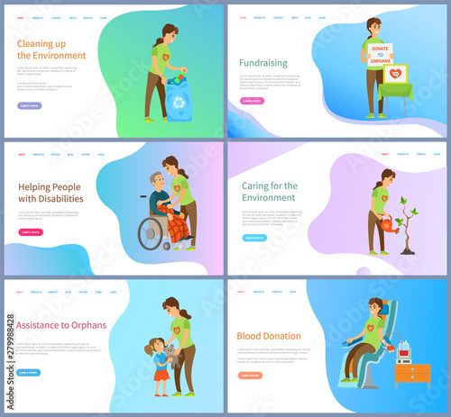 Blood donation and saving peoples lives vector, volunteers helping disabled person, financial material aid to orphans and kids, charity set. Website or slider app, landing page flat style