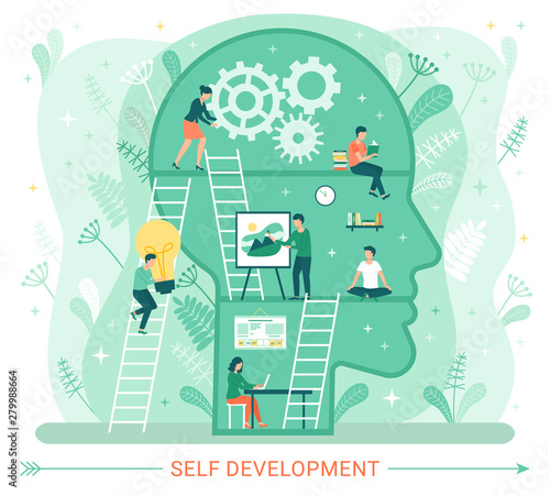 Self development, profile of human head with people developing mental issues. Woman starting cognitive wheels, male painting picture, ladders to success. Training, education, practice. Self-management photo