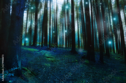 Magic surreal forest landscape  dark gloomy fairytale forest with fireflies and lights  mysterious moody dreamy forest